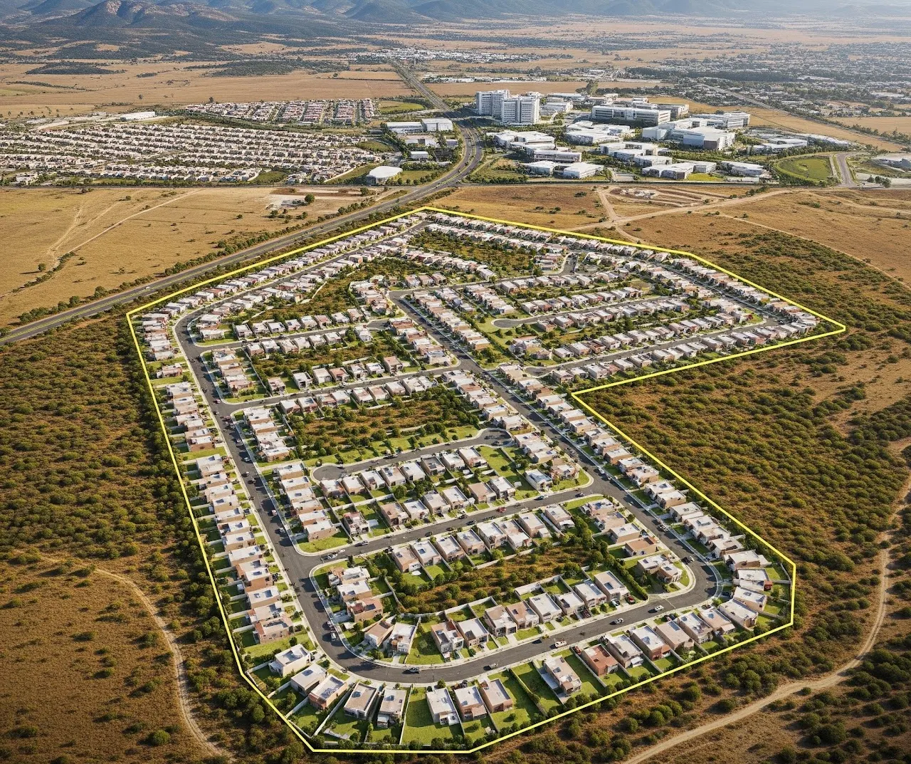 Vista aérea con el polígono de La Hera delimitado en amarillo y un desarrollo residencial de baja densidad dibujado dentro, junto a un corredor de servicios.